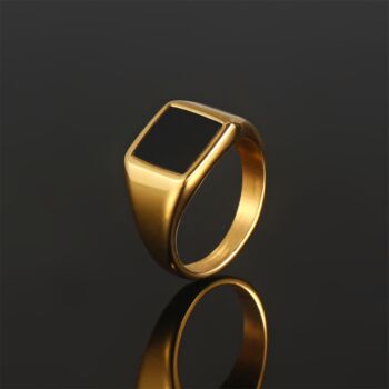 Gold Plated Square Signet Onyx Ring Polished Steel Ring, 2 of 12