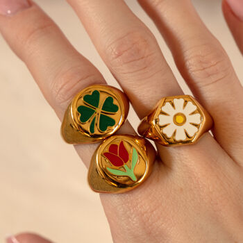 Chunky Signet Ring With Everlasting Red Tulip Flower, 2 of 5