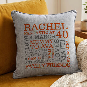 Personalised 40th Birthday Word Art Cushion, 5 of 8
