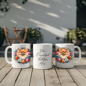 Personalised Pomeranian Summer Floral Dog Wreath Cushion And Mug Gift Bundle, 3 of 4