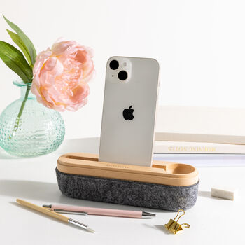 Personalised Wooden Felt Pencil Case And Phone Stand, 3 of 5