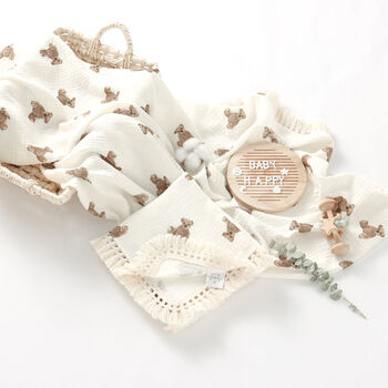 Little Teddy Bear Organic Cotton Muslin Tassel Baby Blanket, 3 of 3