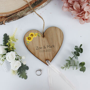 Sunflower Wedding Ring Bearer Wooden Heart, 9 of 10
