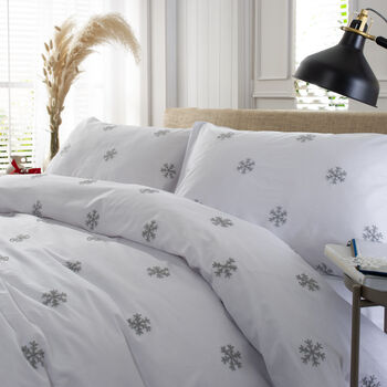 Snowflakes Embroidery Cotton Bedding Duvet Cover Set White, 2 of 4
