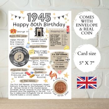 80th Birthday Card With 1945 Coin And Envelope Choose Your Colour, 3 of 3