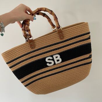 Personalised Lena Rope Stripe Bamboo Handle Tote Beach Bag, 2 of 6