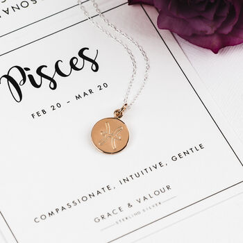 Sterling Silver Zodiac Symbol Necklace – Engraved Pisces Star Sign Astrology Jewellery, 2 of 11