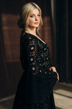 Black Lace Wedding Dress With Bell Sleeves And Train, 10 of 12
