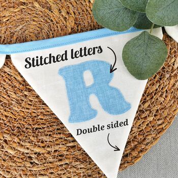 Baby Blue Bunting, New Baby Nursery Gift, Cream And Blue Personalised Bedroom Wall Banner, 3 of 10