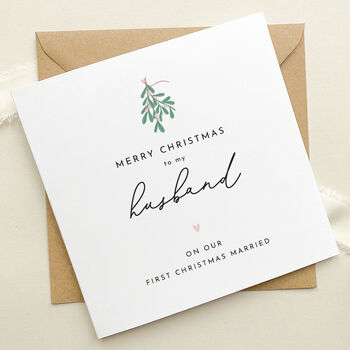 Husband First Married Christmas Card: Mistletoe And Pink Heart Design, 6 of 6