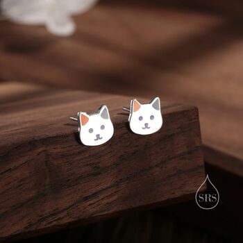 Sterling Silver Calico Cat Enamel Stud Earrings, 4 of 10