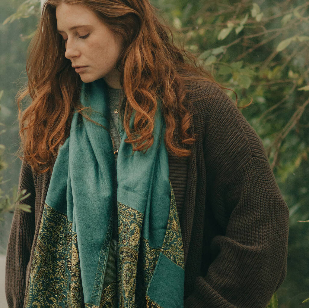 Dark Teal Paisley Border Pashmina With Tassels, 1 of 2