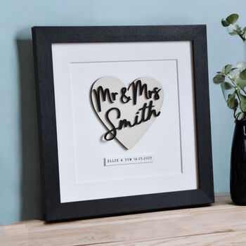 Mr And Mrs Wooden Heart Personalised Wedding Print, 4 of 4