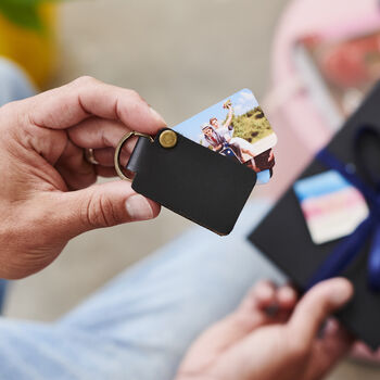Personalised Leather Keyring For Grandad With Four Metal Photo Cards With Hot Stamped Initials, Name Or Date, 5 of 8