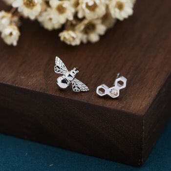 Mismatched Bee And Honeycomb Stud Earrings, 3 of 12