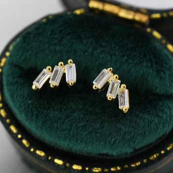 Sterling Silver Baguette Cz Trio Stud Earrings, 4 of 12