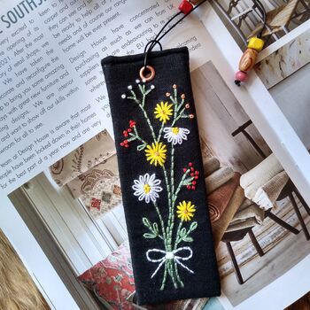 Hand Embroidered Flower Bouquet On Linen Bookmark, 4 of 5