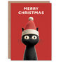 Cute Black Cat Pet Wearing Santa Hat Christmas Card, thumbnail 1 of 4
