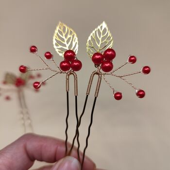 Red Berry And Gold Leaf Christmas Hair Pin Set – 3pcs, 4 of 12