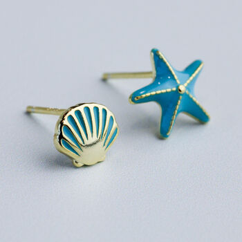 Sterling Silver Blue Seashell Stud Earrings, 3 of 6