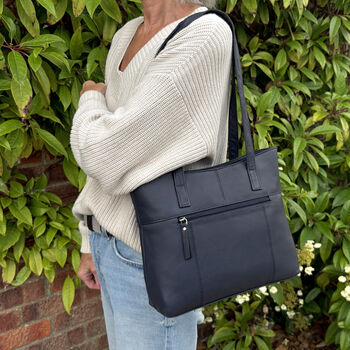Women's Navy Genuine Leather Shopper, Handbag, Shoulder Bag, 2 of 4