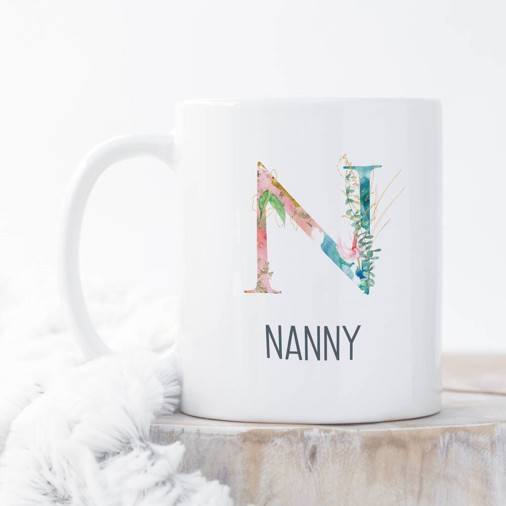 Floral Monogram Personalised Nanny Grandma Mug By Chips Sprinkles