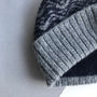 Mens Grey And Navy Knitted Lambswool Beanie Hat, thumbnail 5 of 6