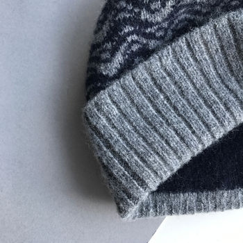 Mens Grey And Navy Knitted Lambswool Beanie Hat, 5 of 6