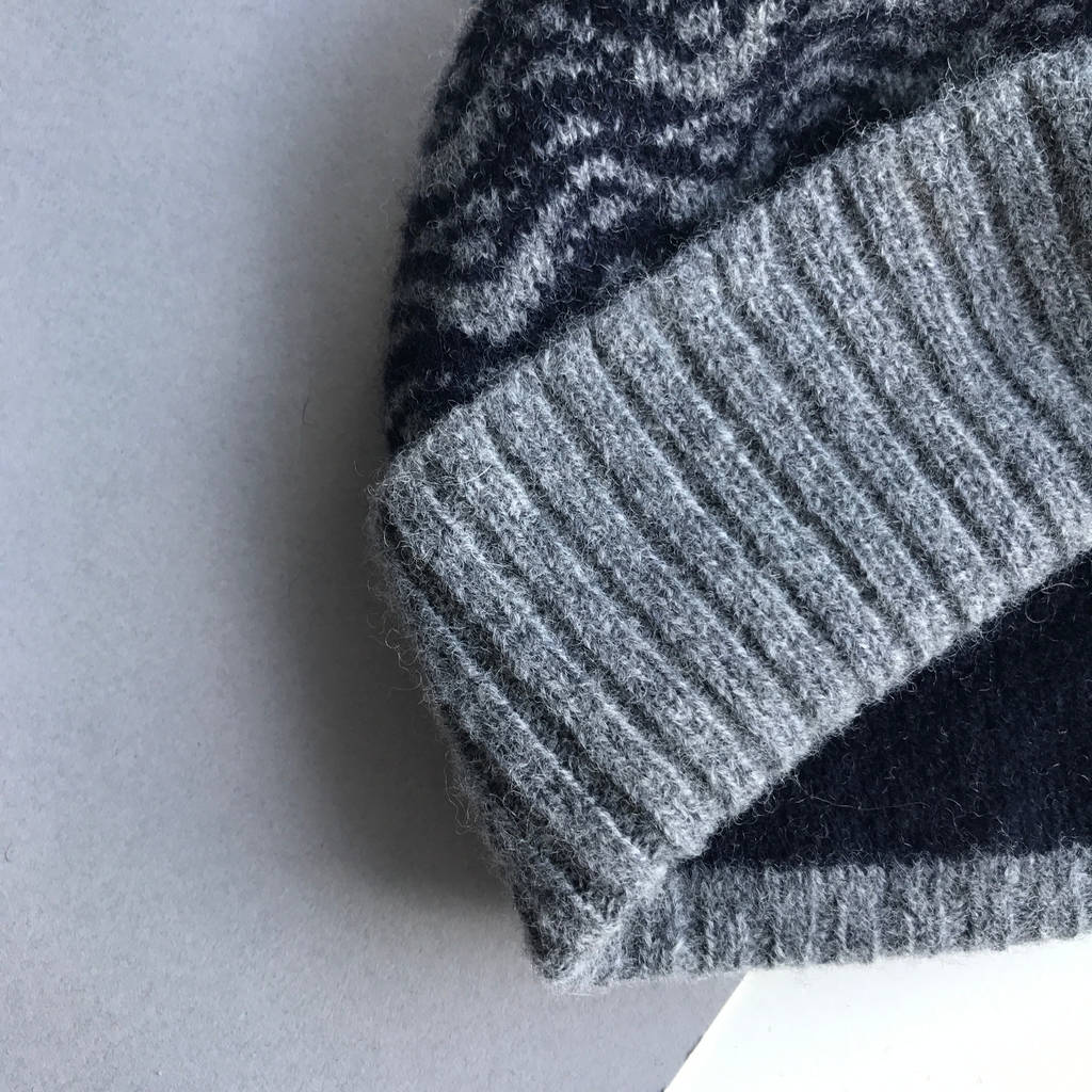 Mens Grey And Navy Knitted Lambswool Beanie Hat By Little Knitted Stars ...