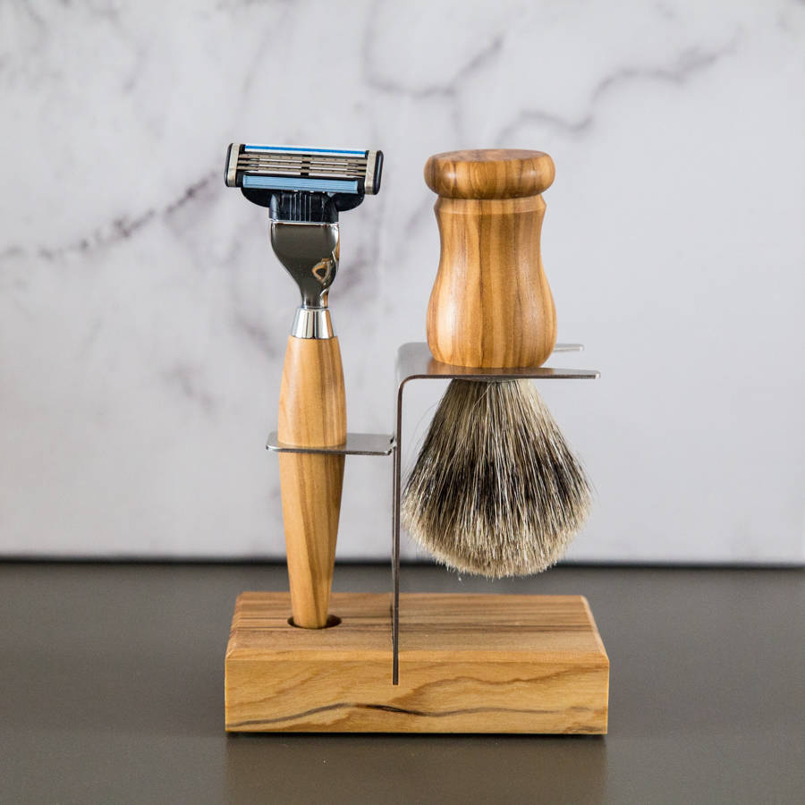 olive wood shaving set with stand by ginger rose