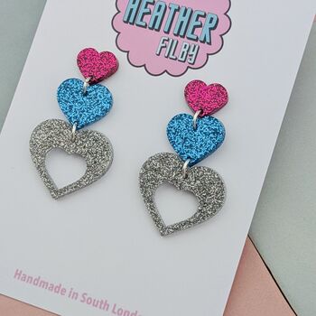 Glitter Triple Heart Resin Earrings, 2 of 8