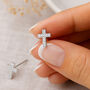 Sterling Silver Sparkling Cross Stud Earrings – 8mm X 6mm, thumbnail 1 of 7