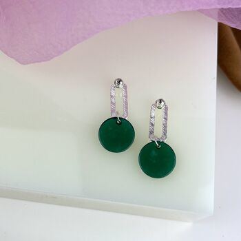 Hammered Silver Green Disc Drop Earrings, 3 of 3