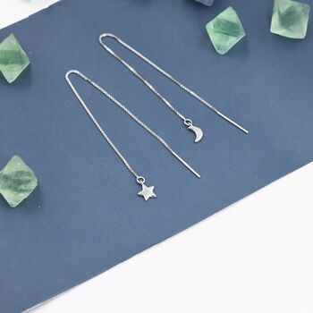Moon And Star Threader Earrings Sterling Silver, 3 of 11