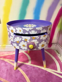 Lilac Daisy Round Wooden Side Table With Drawer, 3 of 11