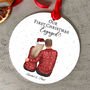 Personalised First Christmas Engaged Bauble – Custom Couple And Pet Acrylic Ornament With Names, Festive Jumpers And Custom Quote, thumbnail 1 of 10