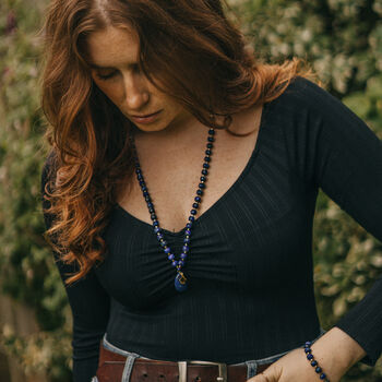 Long Length Lapis Lazuli Necklace With Gold Tone Ginkgo Leaf, 3 of 4