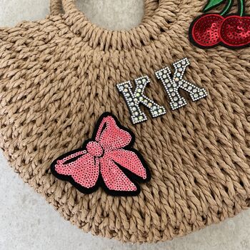Personalised Ada Bow And Cherry Half Moon Wicker Basket Drawstring Bag, 3 of 5