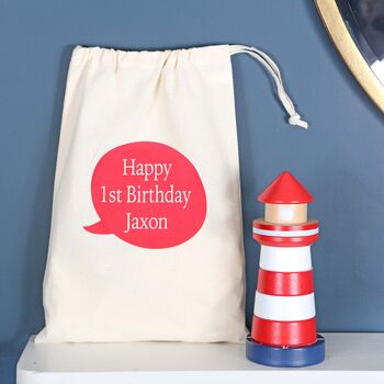 Wooden Lighthouse Stacking Toy And Personalised Bag, 5 of 5