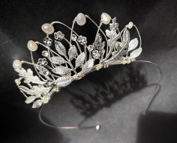 The Agatha Mini Crown Flower Girl Bridal Pearl Oak Leaf Tiara Headband, 7 of 11