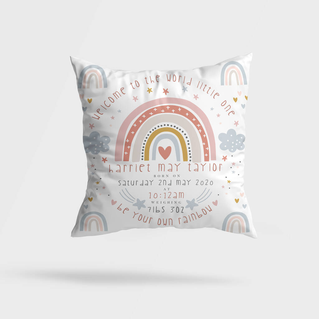 Personalised Rainbow Keepsake Birth Cushion, 1 of 5