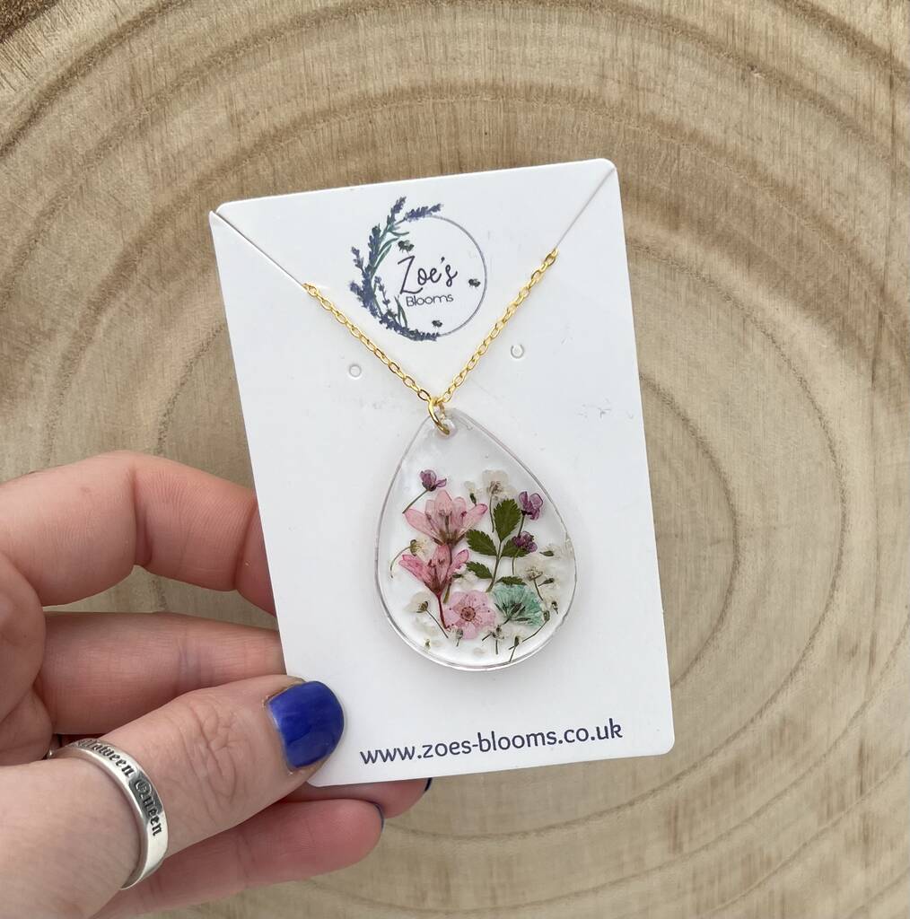 Real Pressed Flower Teardrop Pendant Necklace By Zoe’s Blooms