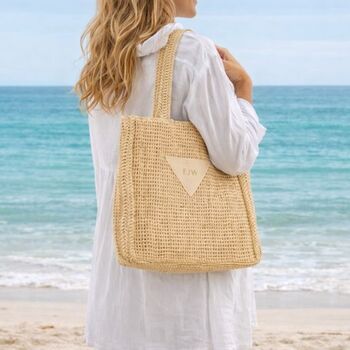 Personalised Triangle Straw And Faux Leather Tote Beach Bag, 2 of 2