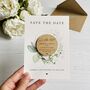Modern Laurel Wreath Round Save The Date With Card, thumbnail 1 of 4