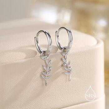 Sterling Silver Olive Branch Huggie Hoop Earrings, 2 of 12