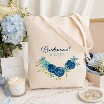 Personalised Blue Floral Bridesmaid Tote Bag Gift, 5 of 6