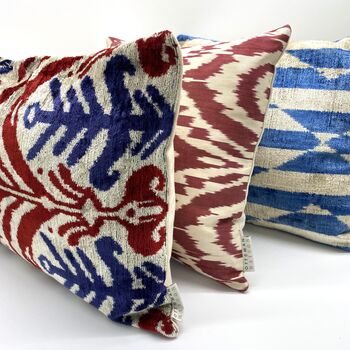 Oblong Velvet Ikat Cushion Red And Navy Abstract, 3 of 11