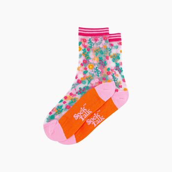 Ditsy Floral Combed Cotton Sheer Pop Socks In Orange, 3 of 4