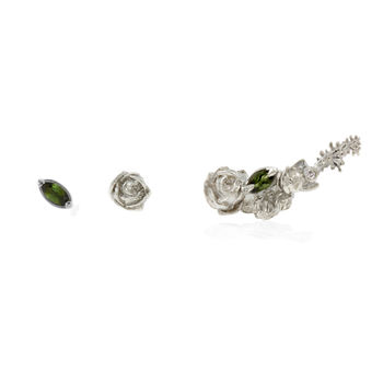 Three Rose Earring Set Diamond And Green Tourmalines, 11 of 12