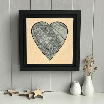 Heart Shaped Map Printed On Wood For 5th Wedding, 7 of 11